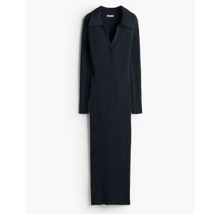 H&M Rib- Knit Black Maxi Dress with collar and side slit